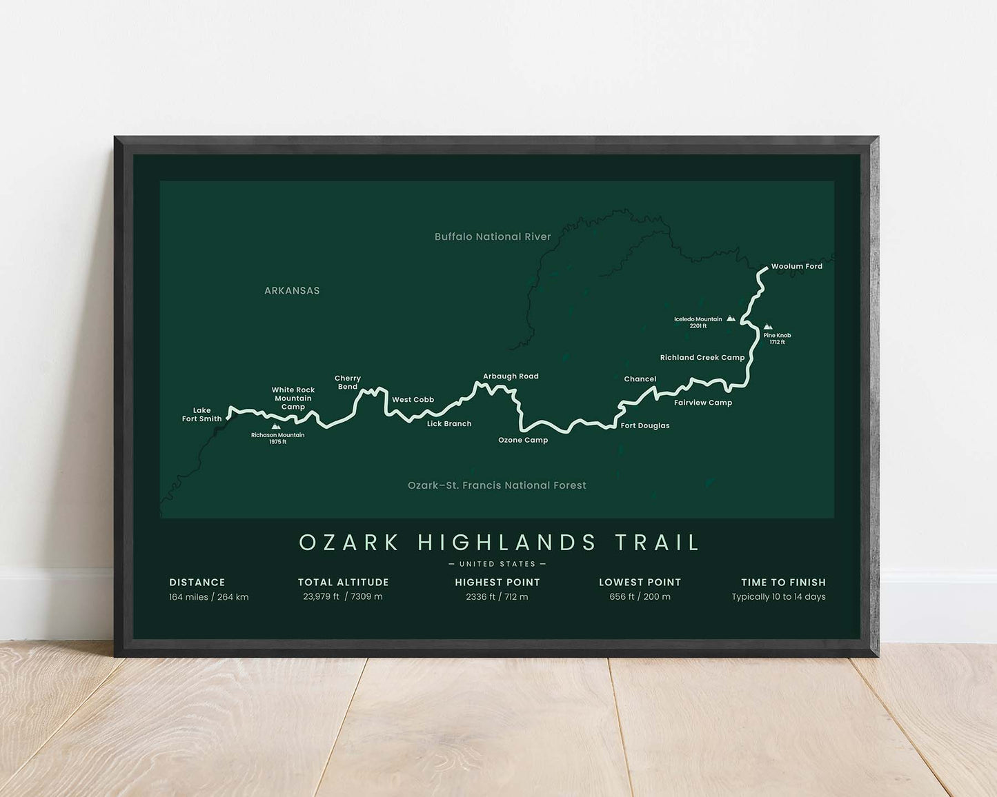 Ozark Highlands National Recreation Trail (Arkansas, Ozark National Forest, United States, Lake Fort Smith State Park to Buffalo National River, Lake Fort Smith to Woolum Ford) Track Map Art with Green Background