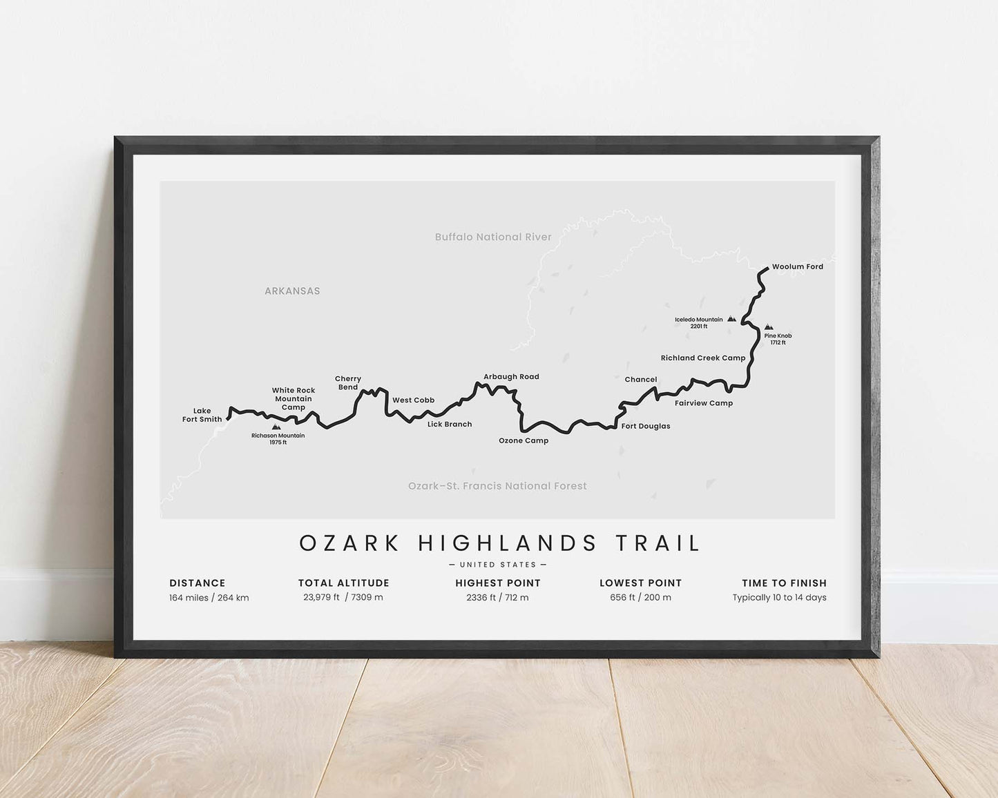 OHT (Lake Fort Smith State Park to Buffalo National River, Ozark National Forest, United States, Ozark Mountains, Arkansas) Thru-Hike Poster with White Background