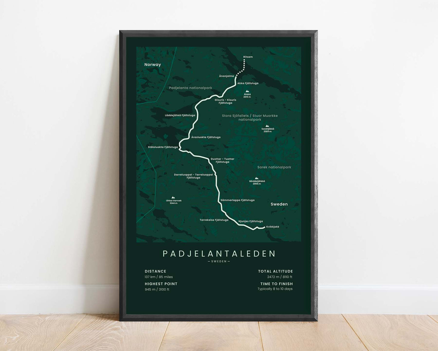 Padjelantaleden (Sweden) Path Map Art with Green Background