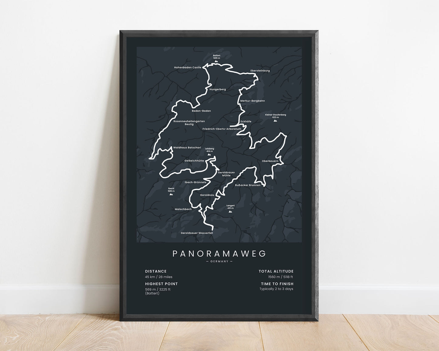 Panoramaweg (Germany) thru-hike wall map with black background