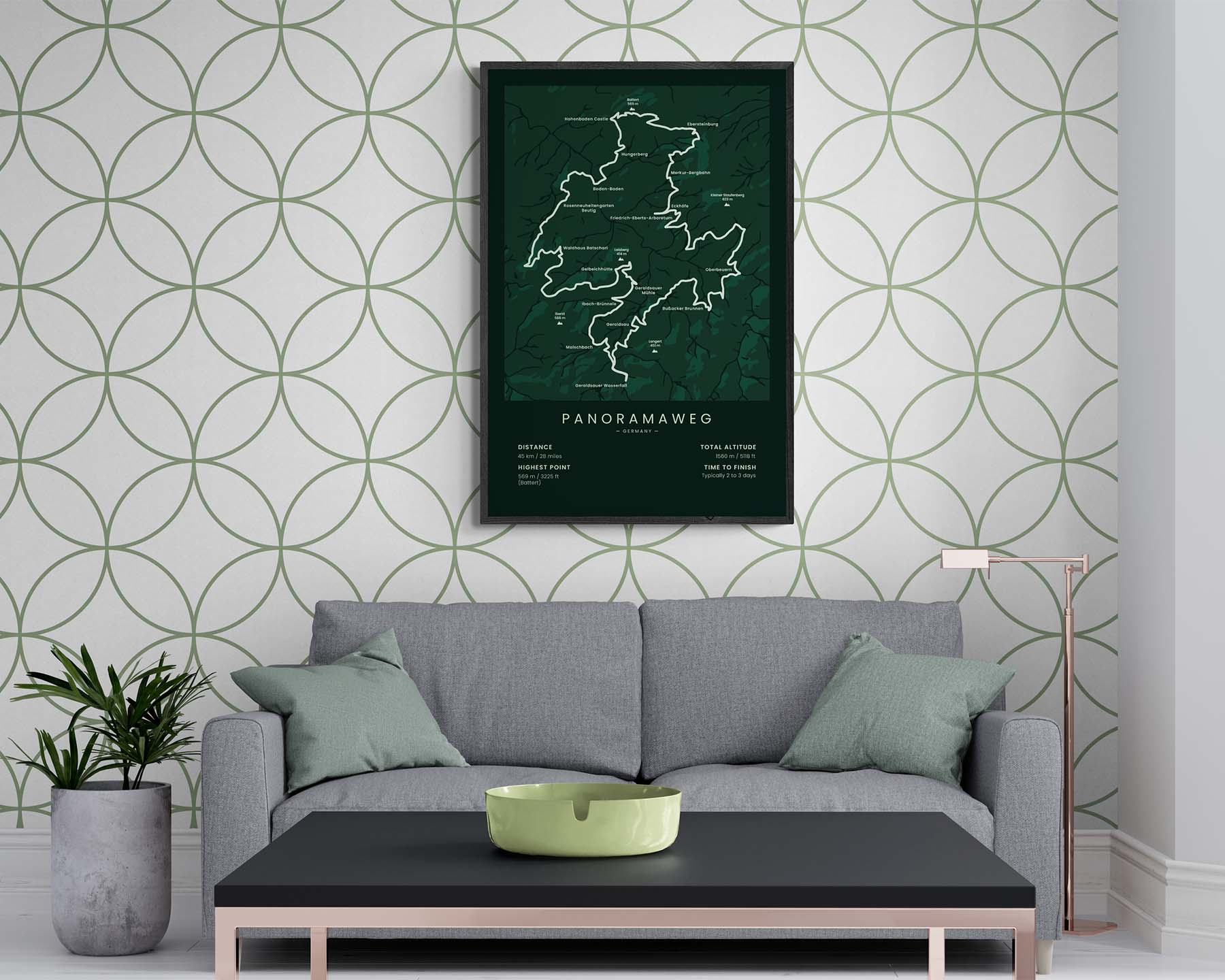 Panoramaweg (Black Forest) trek poster in minimal room decor