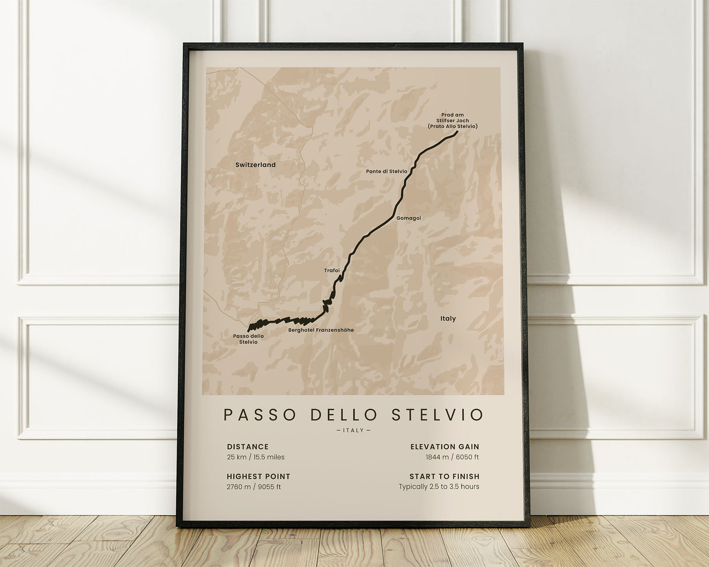 Stelvio Pass (Giro d’Italia) road cyclist map art with Beige Background