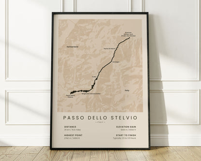 Stelvio Pass (Giro d’Italia) road cyclist map art with Beige Background