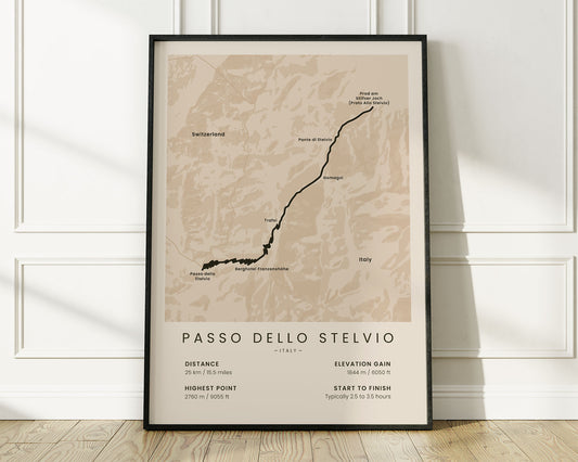 Stelvio Pass (Giro d’Italia) road cyclist map art with Beige Background