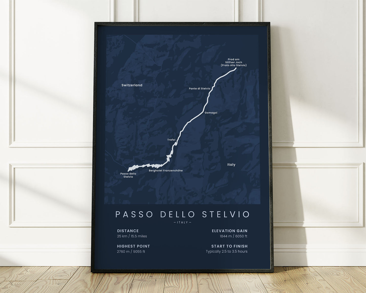 Stelvio Pass (Prato allo Stelvio) bike race wall map with Blue Background