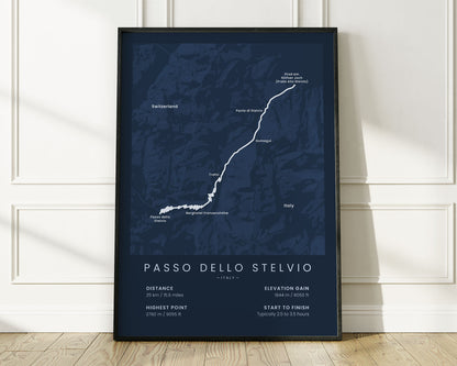 Stelvio Pass (Prato allo Stelvio) bike race wall map with Blue Background