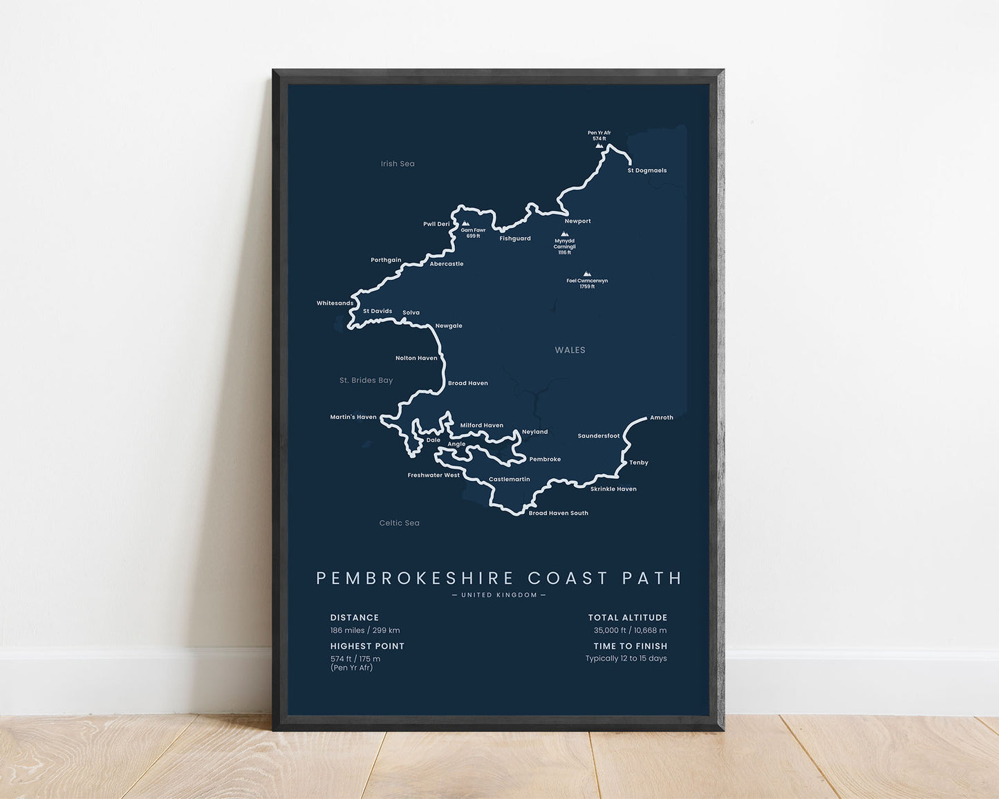 Pembrokeshire Coast Path (Pembrokeshire Coast National Park) Thru-Hike Map Art with Blue Background