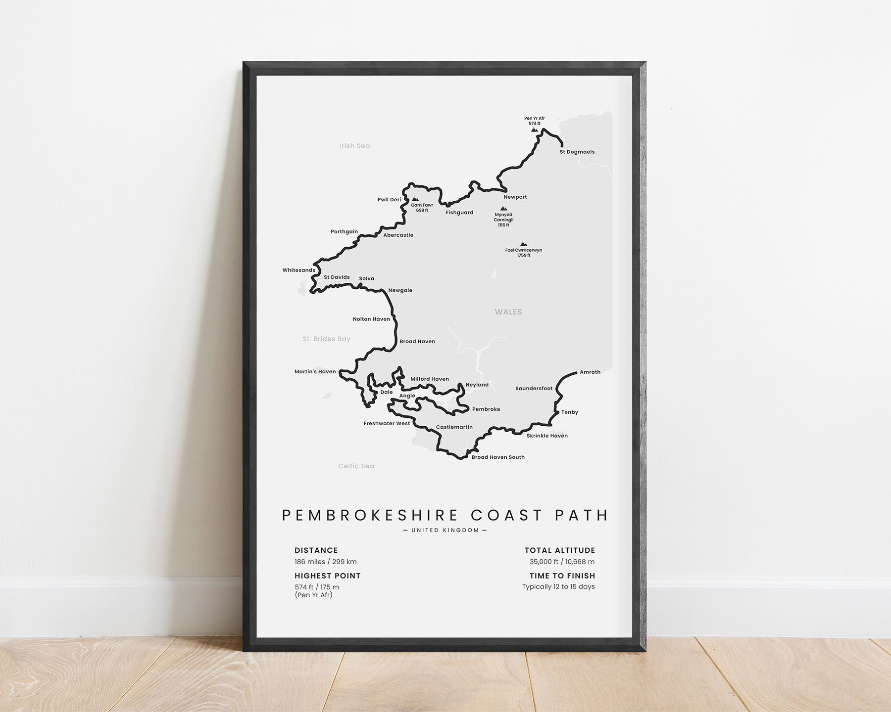 Pembrokeshire Coast Path (Wales Coast Path) Trail Wall Map with White Background