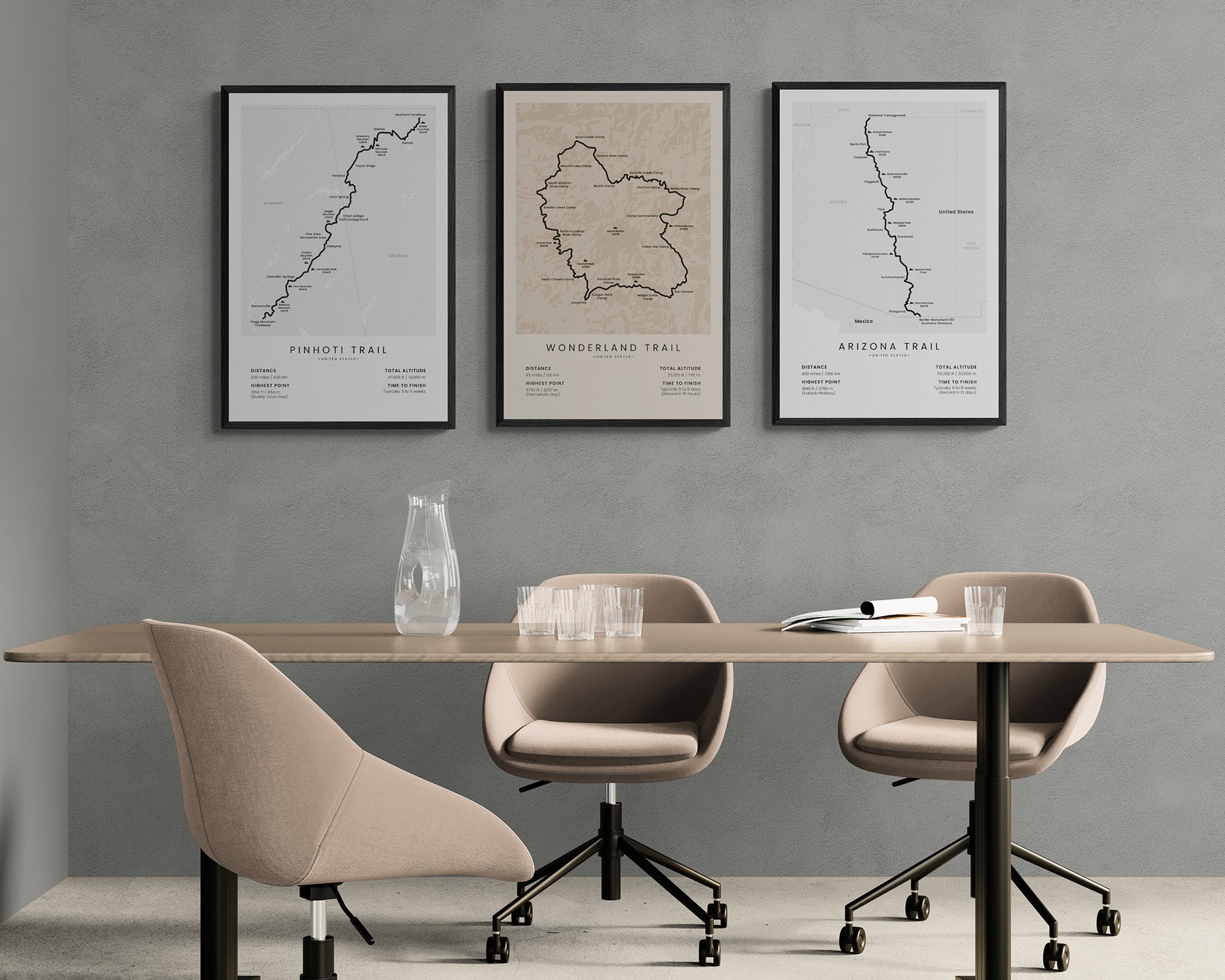 Pinhoti Trail (Alabama) Hike Map Art in Minimal Room Decor
