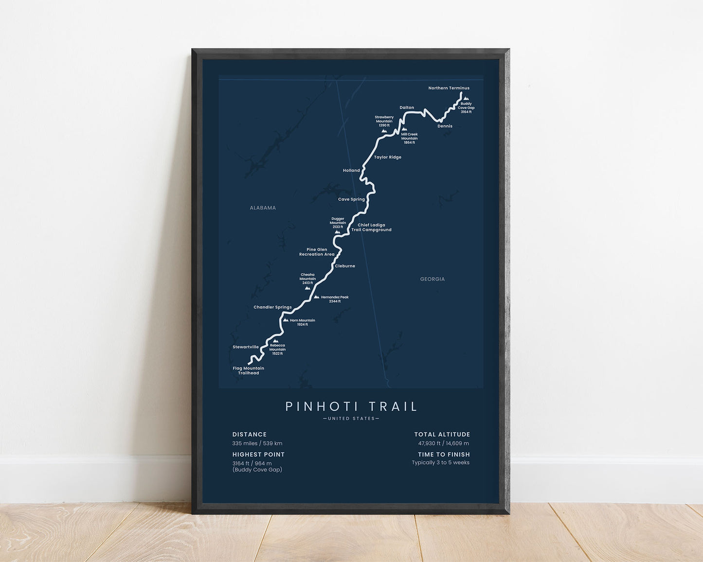 Pinhoti Trail (United States) Hiking Wall Art with blue background