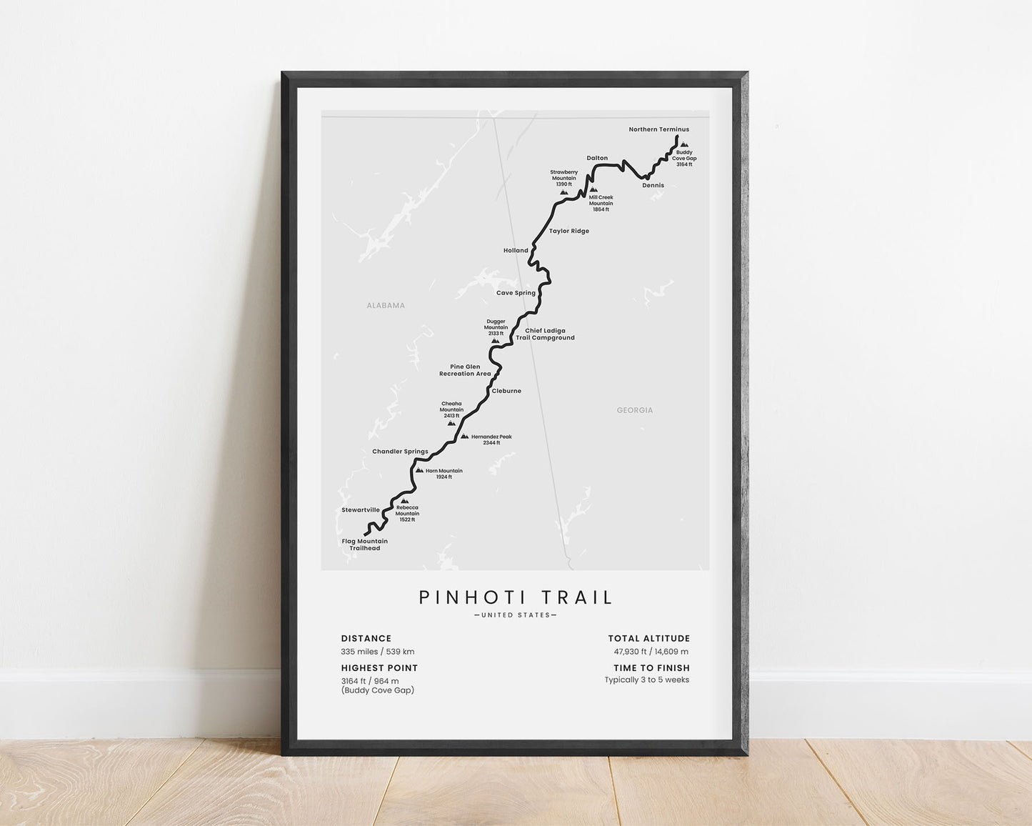 Pinhoti National Recteation Trail (Alabama) Map with white background