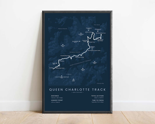 Queen Charlotte Track (New Zealand, Ship Cove to Anakiwa, Kenepuru Sound, Queen Charlotte Sound, Marlborough Sounds) Trail Print with Blue Background