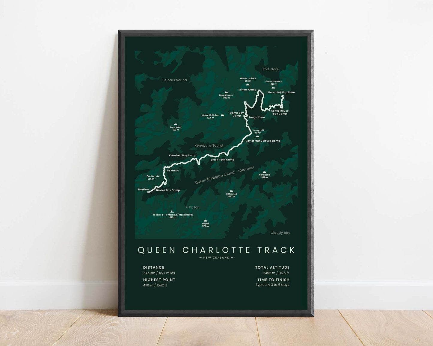 Queen Charlotte Walkway (Marlborough Sounds, Queen Charlotte Sound, Anakiwa, Kenepuru Sound, New Zealand) Track Map Art with Green Background