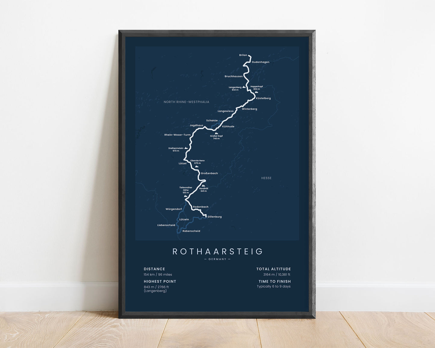 Rothaar Trail (Germany) Wall Map with Blue Background