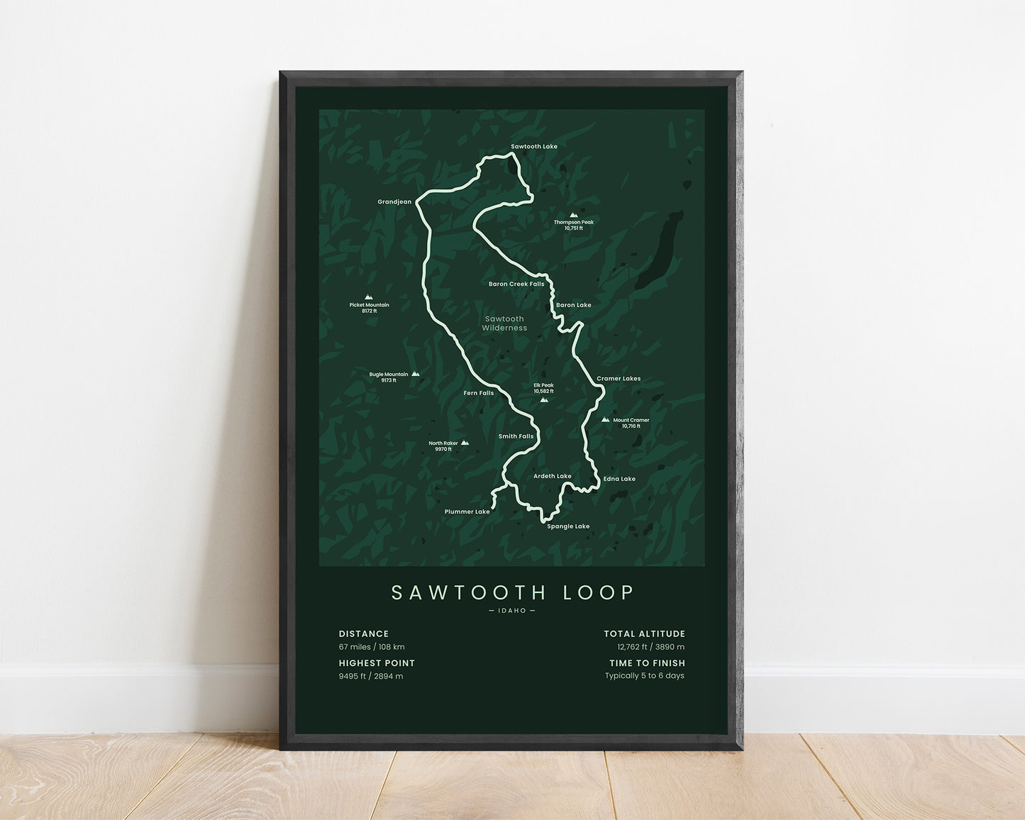 Sawtooth Wilderness Loop (Idaho) Track Map Art with Green Background