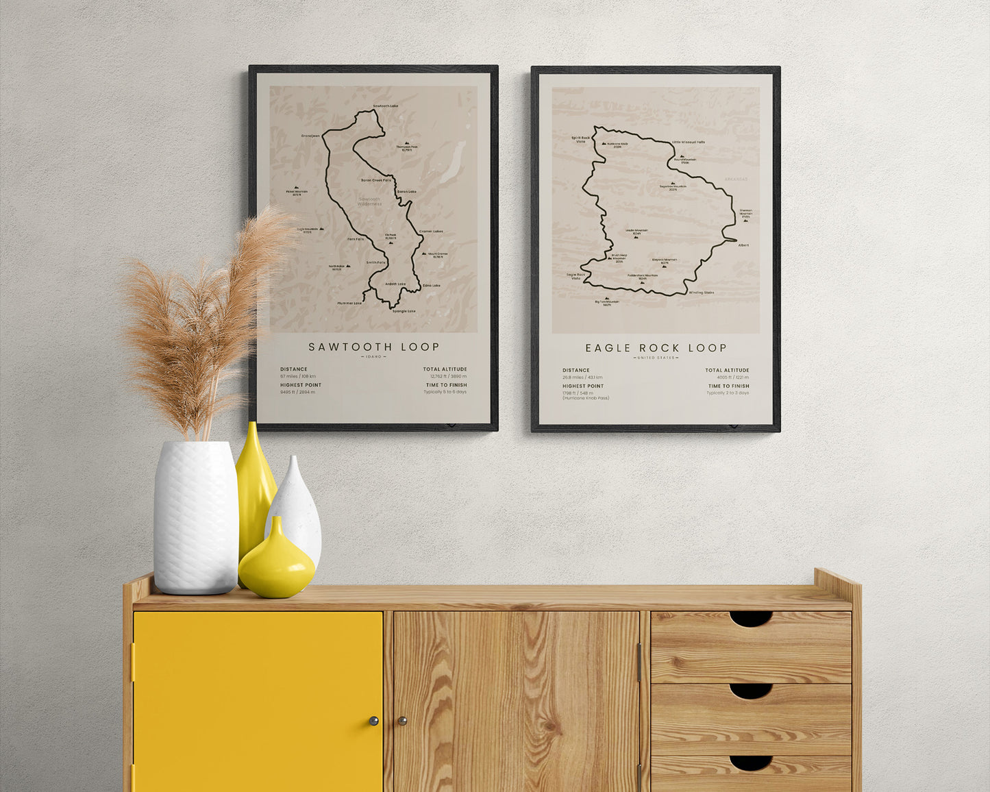Sawtooth Wilderness Loop (Sawtooth Range) Route Map Art in Minimal Room Decor