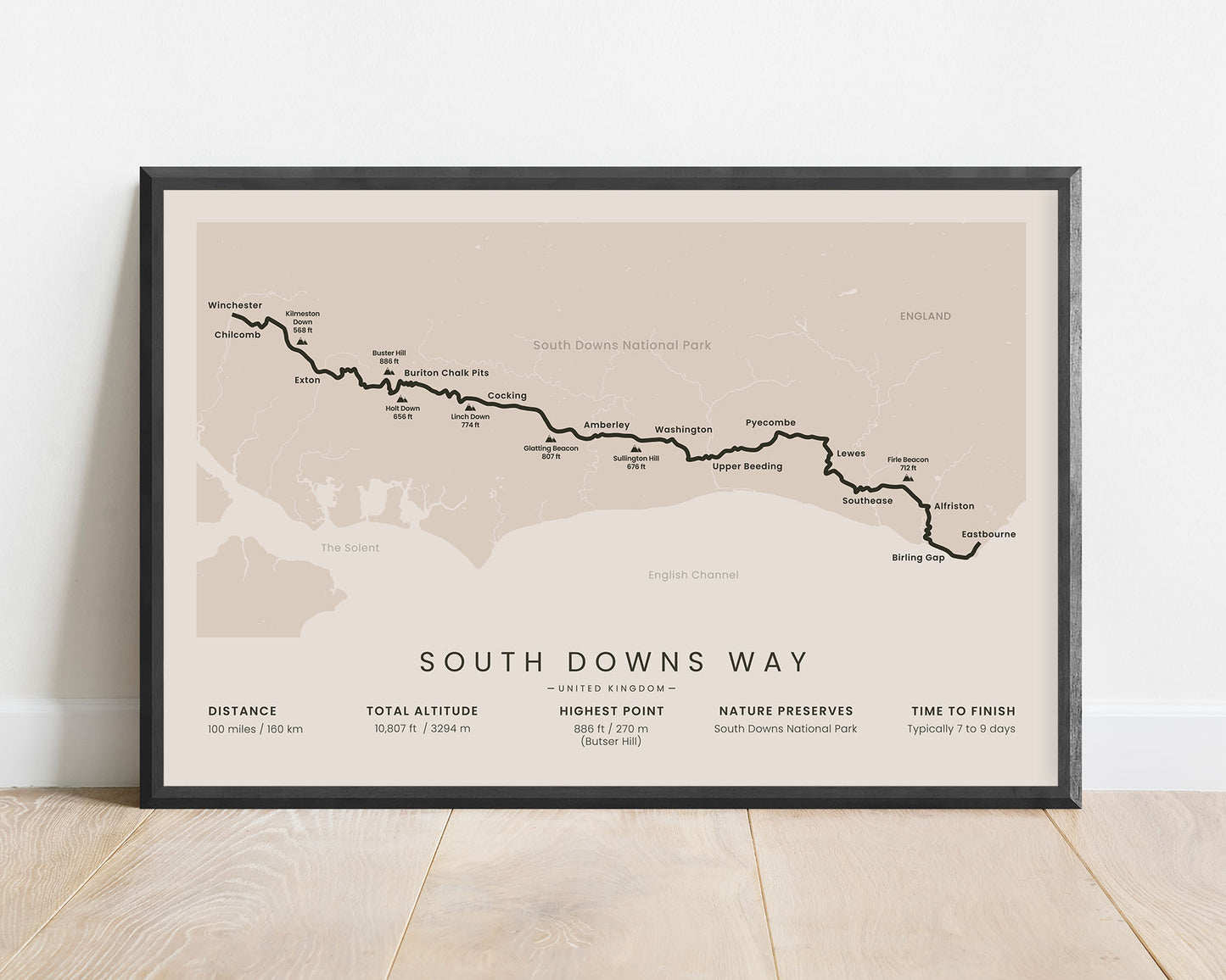 South Downs Way (Winchester to Eastbourne) route art with beige background