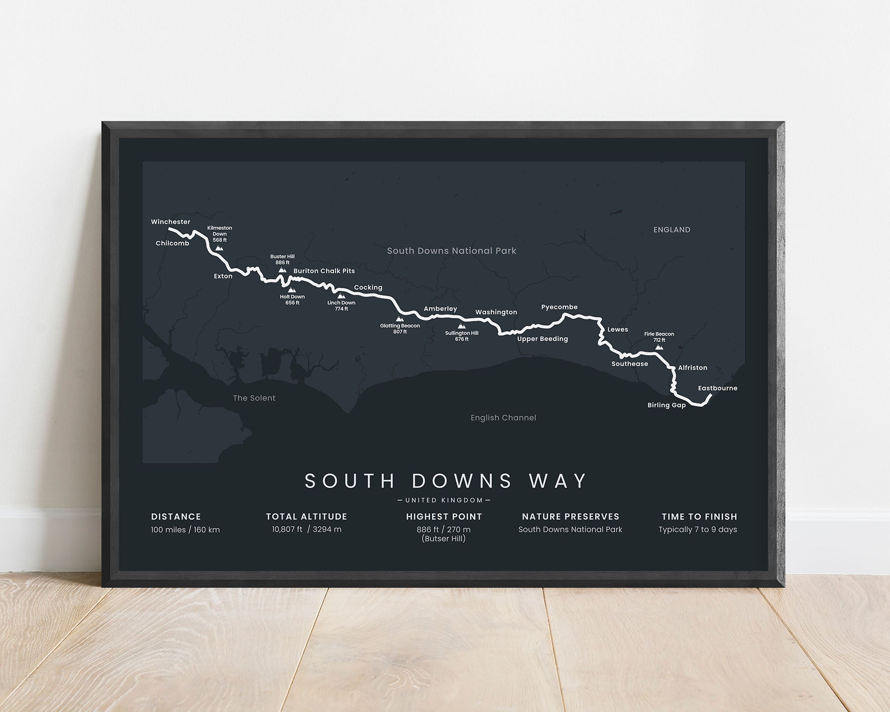 South Downs Way (East Sussex) hike wall map with black background