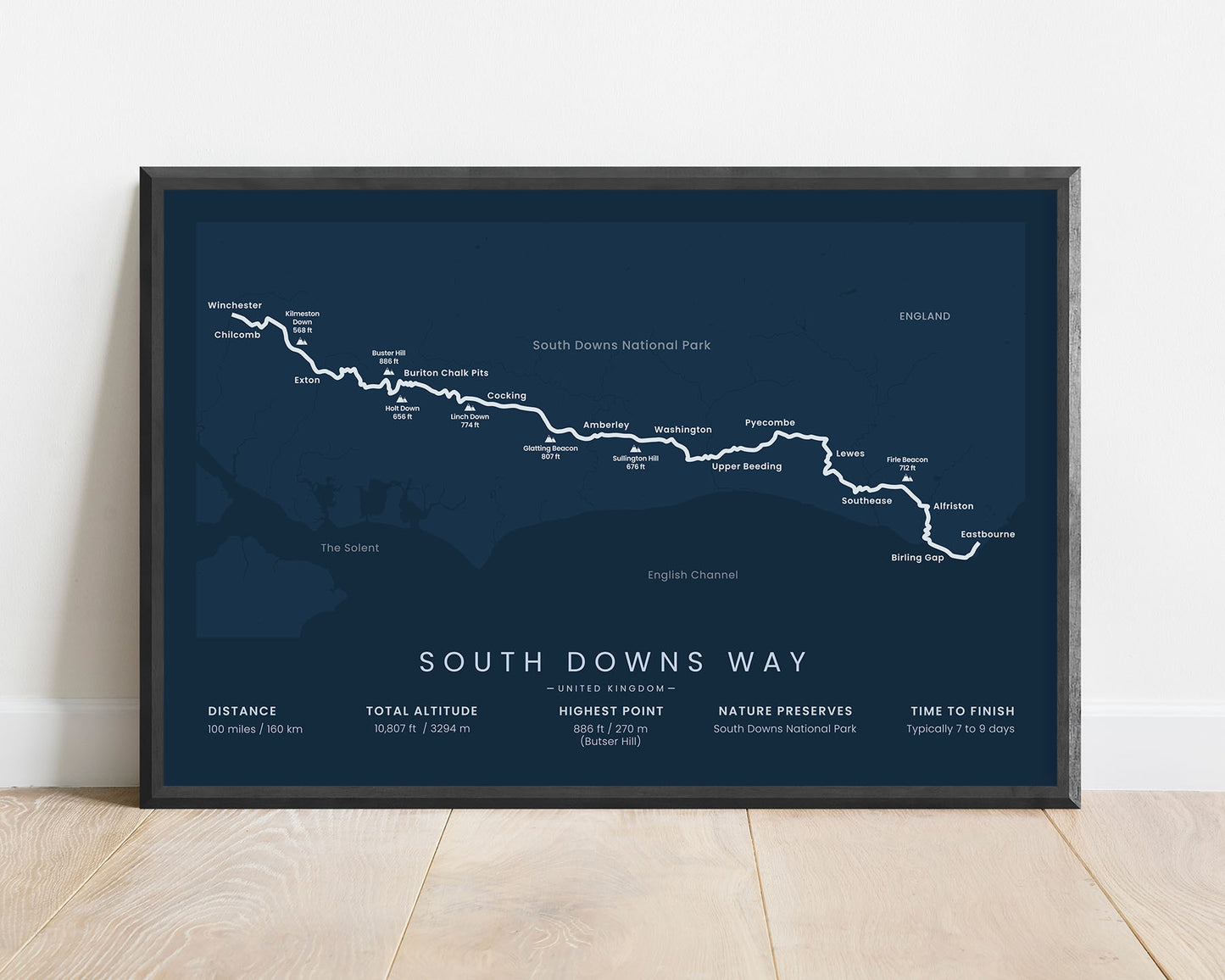 South Downs Way (Chalk Escarpment) trek print with blue background