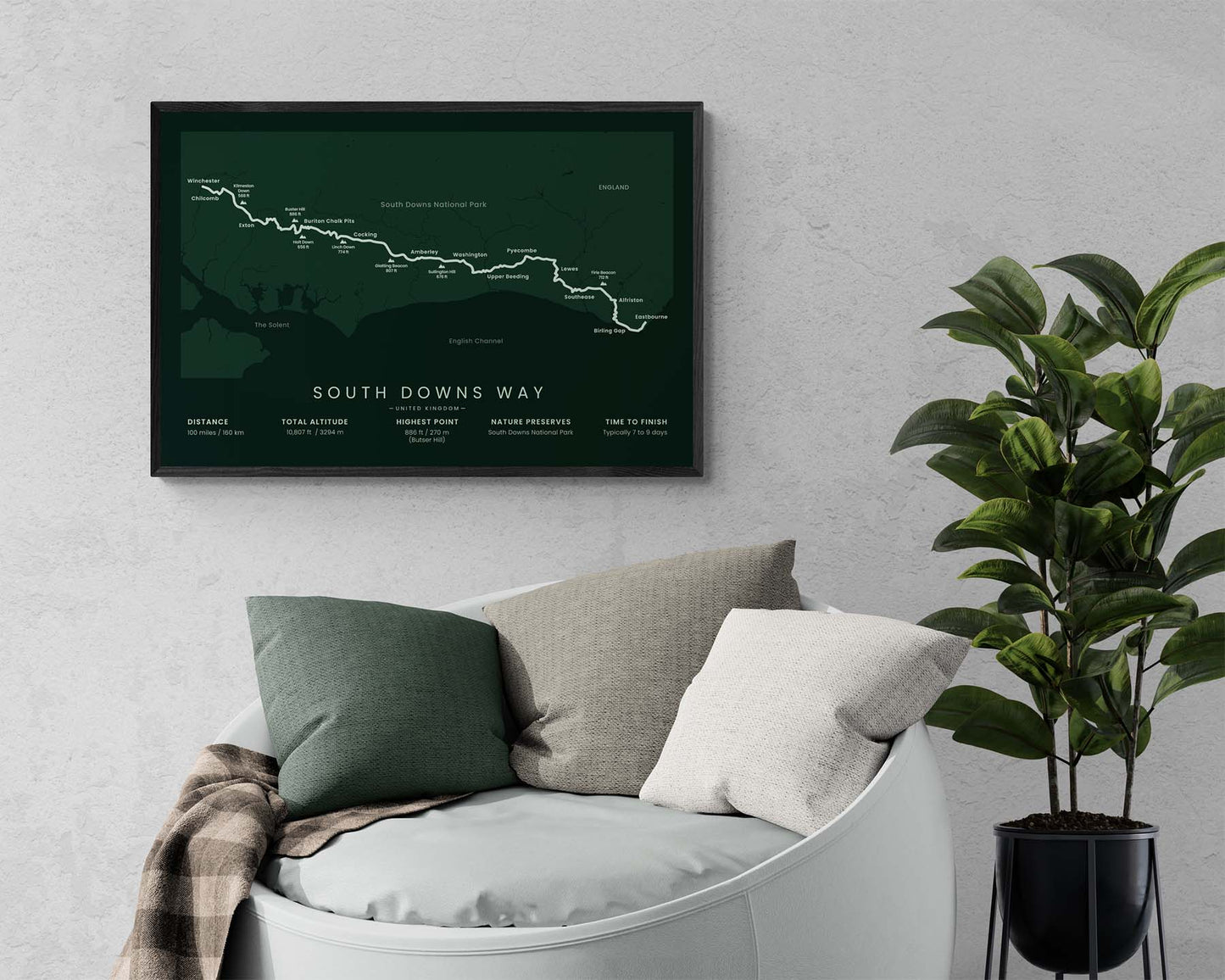 South Downs Way (Hampshire) track map art in minimal room decor