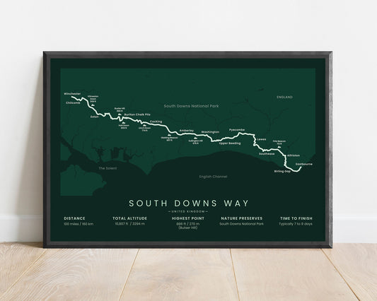 South Downs Way (England) trail wall art with green background