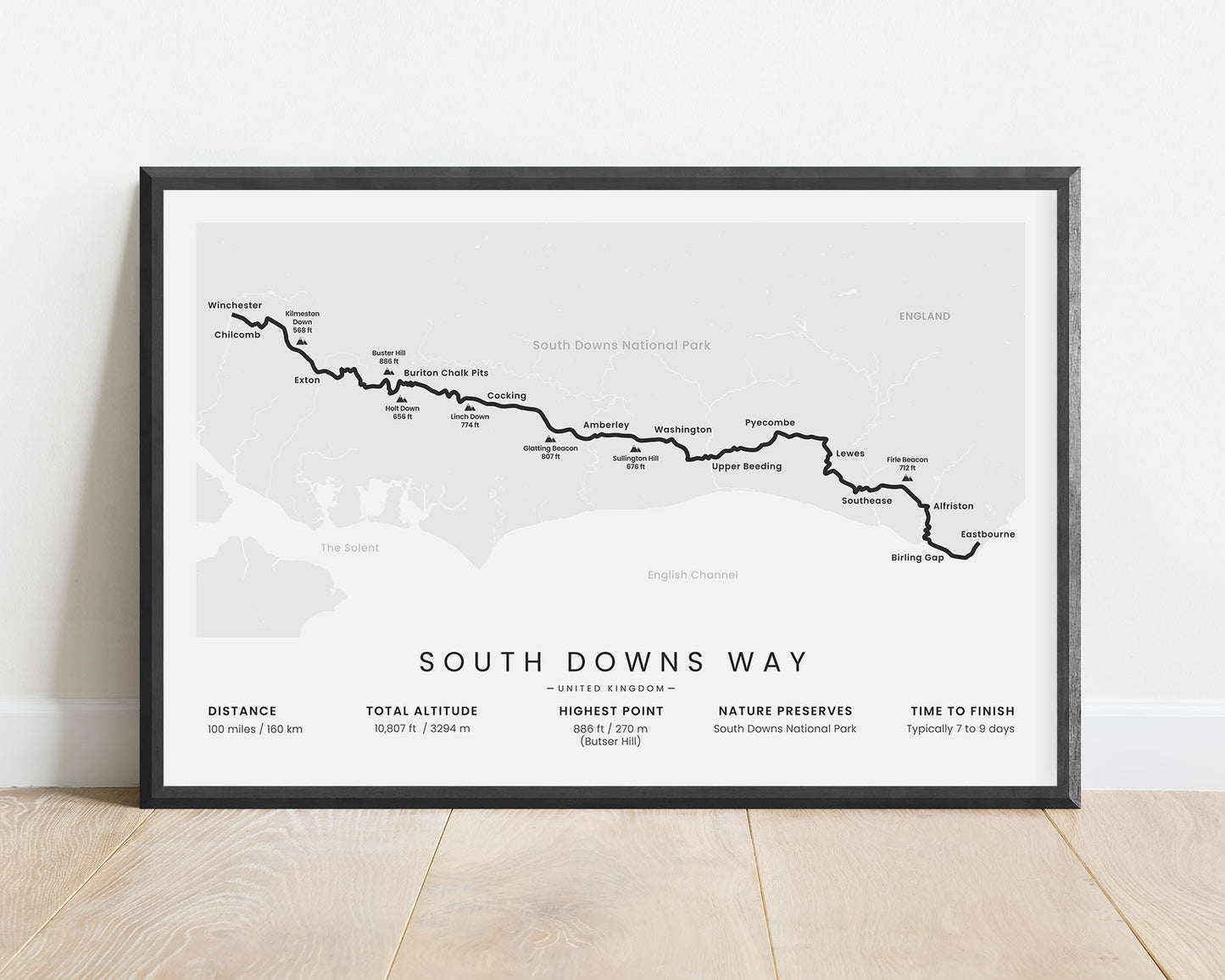 South Downs Way (South Downs National Park) path poster with white background