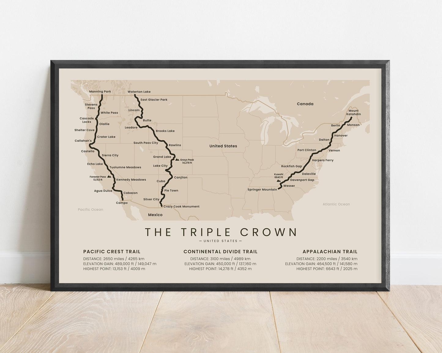 The Triple Crown of Thru-Hiking (Pacific Crest Trail) Hike Wall Map with Beige Background