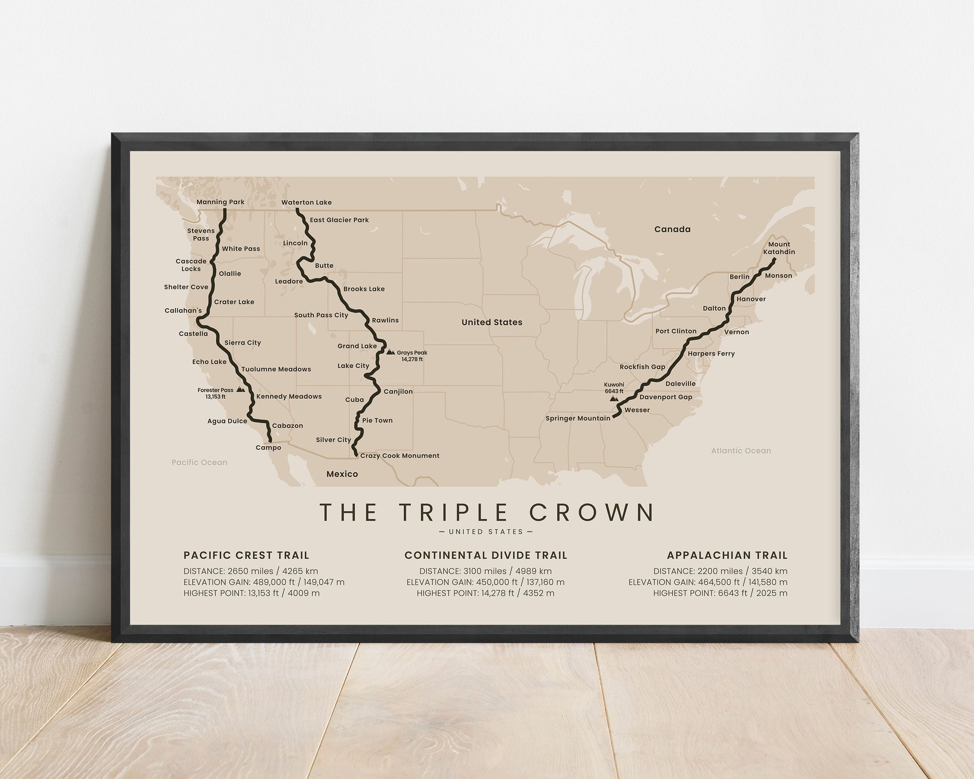 The Triple Crown of Thru-Hiking (Pacific Crest Trail) Hike Wall Map with Beige Background