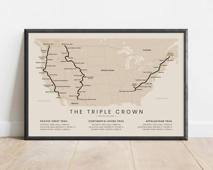 The Triple Crown of Thru-Hiking (Pacific Crest Trail) Hike Wall Map with Beige Background