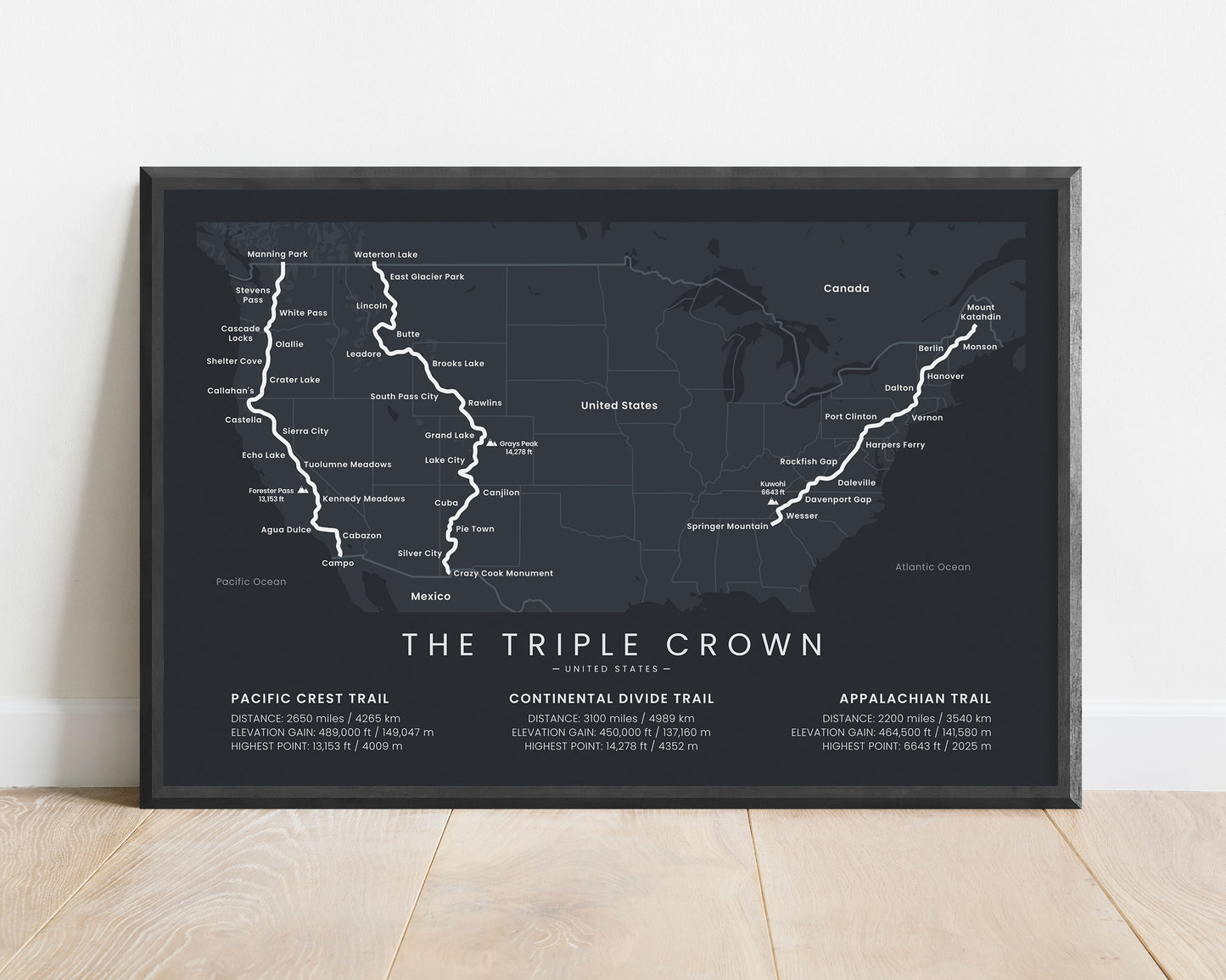 The Triple Crown of Hiking (Continental Divide Trail) Trail Wall Art with Black Background