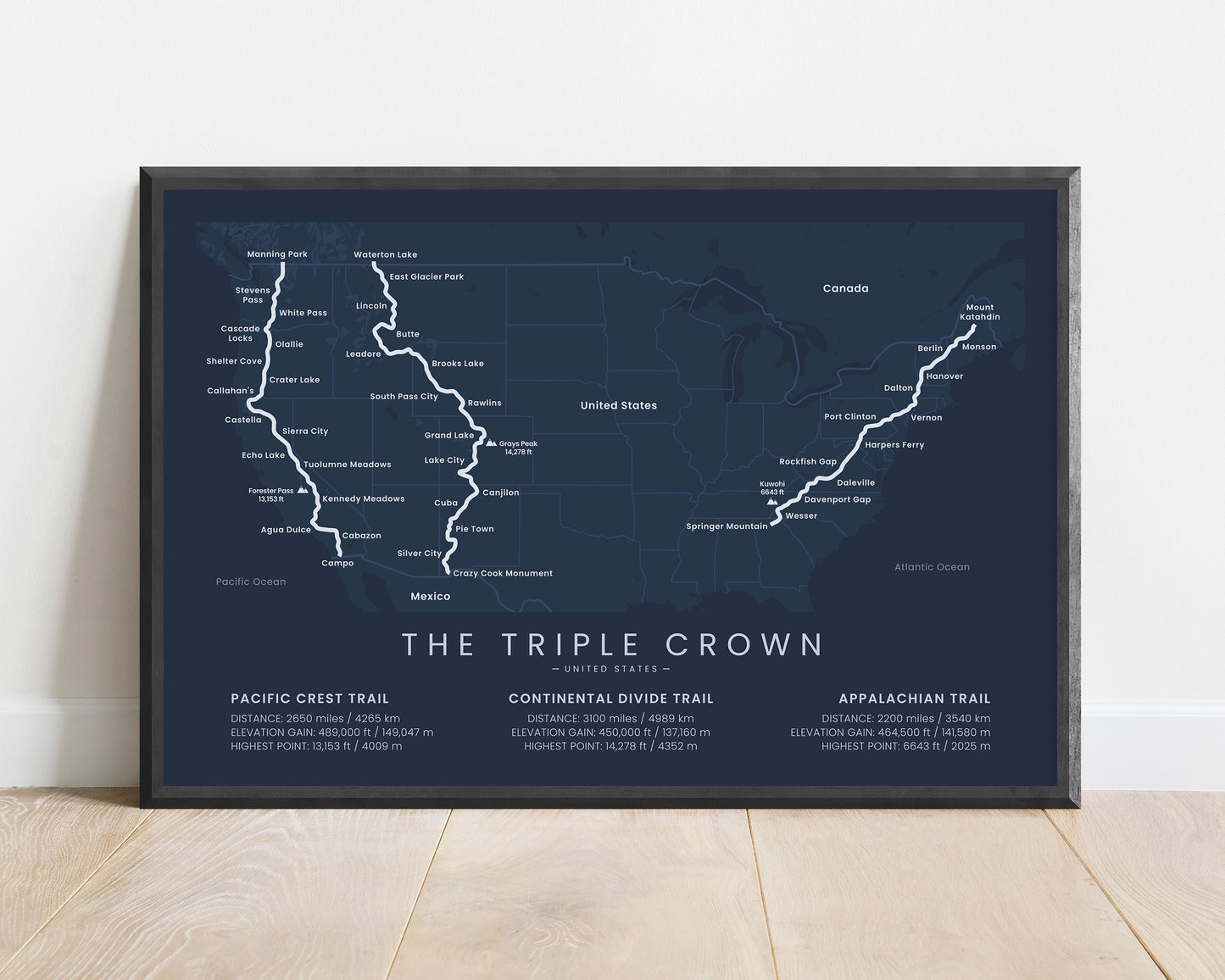 The Triple Crown of Thru-Hiking (United States) Path Print with Blue Background
