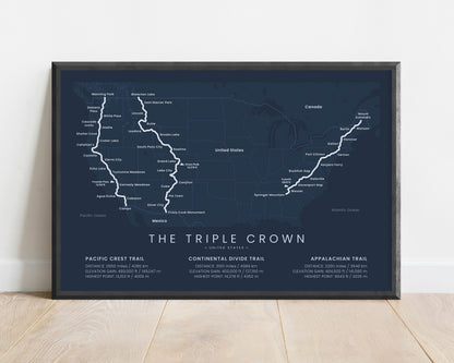 The Triple Crown of Thru-Hiking (United States) Path Print with Blue Background