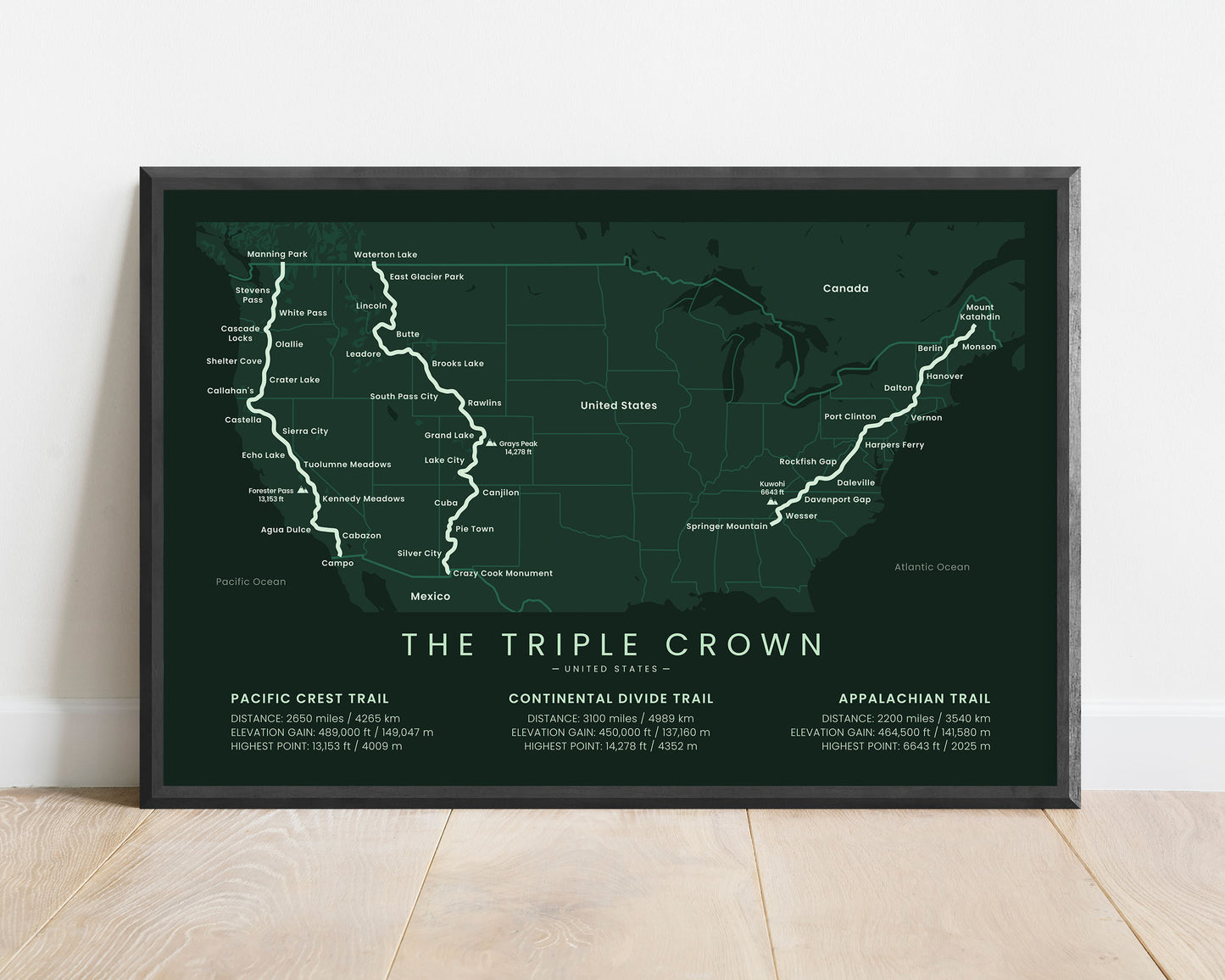 The Triple Crown of Hiking (AT) Track Map Art with Green Background