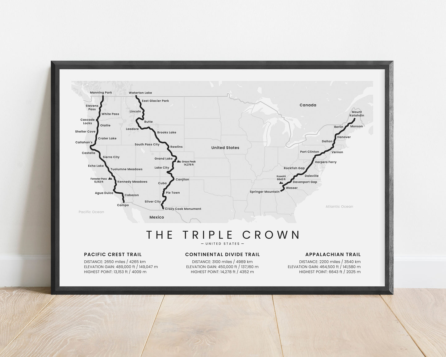 The Triple Crown of Hiking (Appalachian Trail) Route Poster with White Background