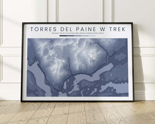 Torres Del Paine W Trek (Patagonia) Walk Map with Minimal Blue Background