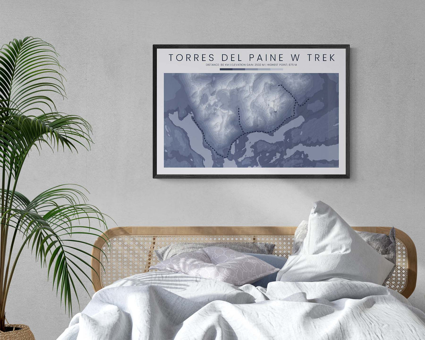 W Trek Patagonia (Chile) Path Poster with Shaded Relief Map in Modern Bedoom Decor