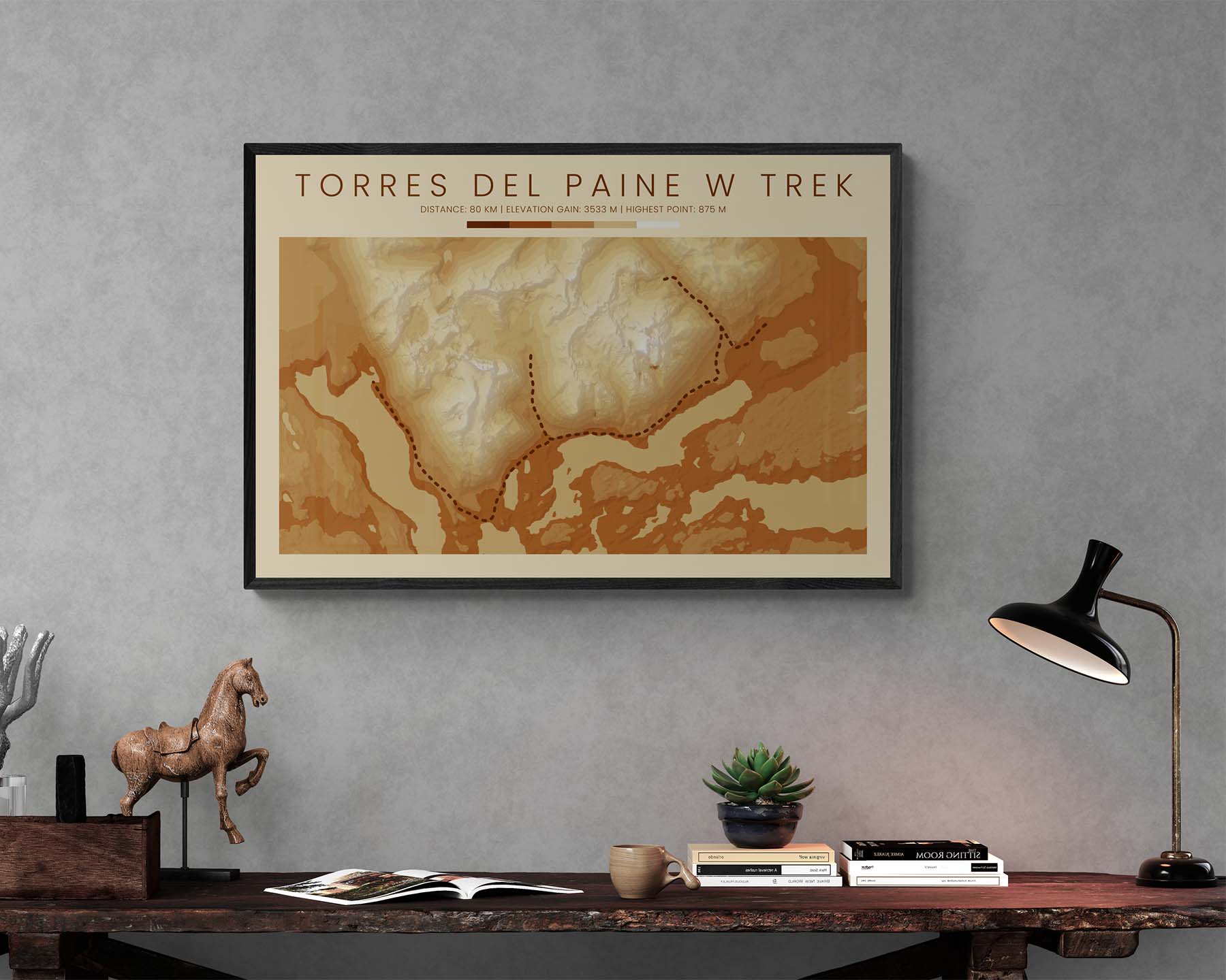 Torres Del Paine W Circuit (South America) Hike Wall Art with Contour Map in Modern Room Decor