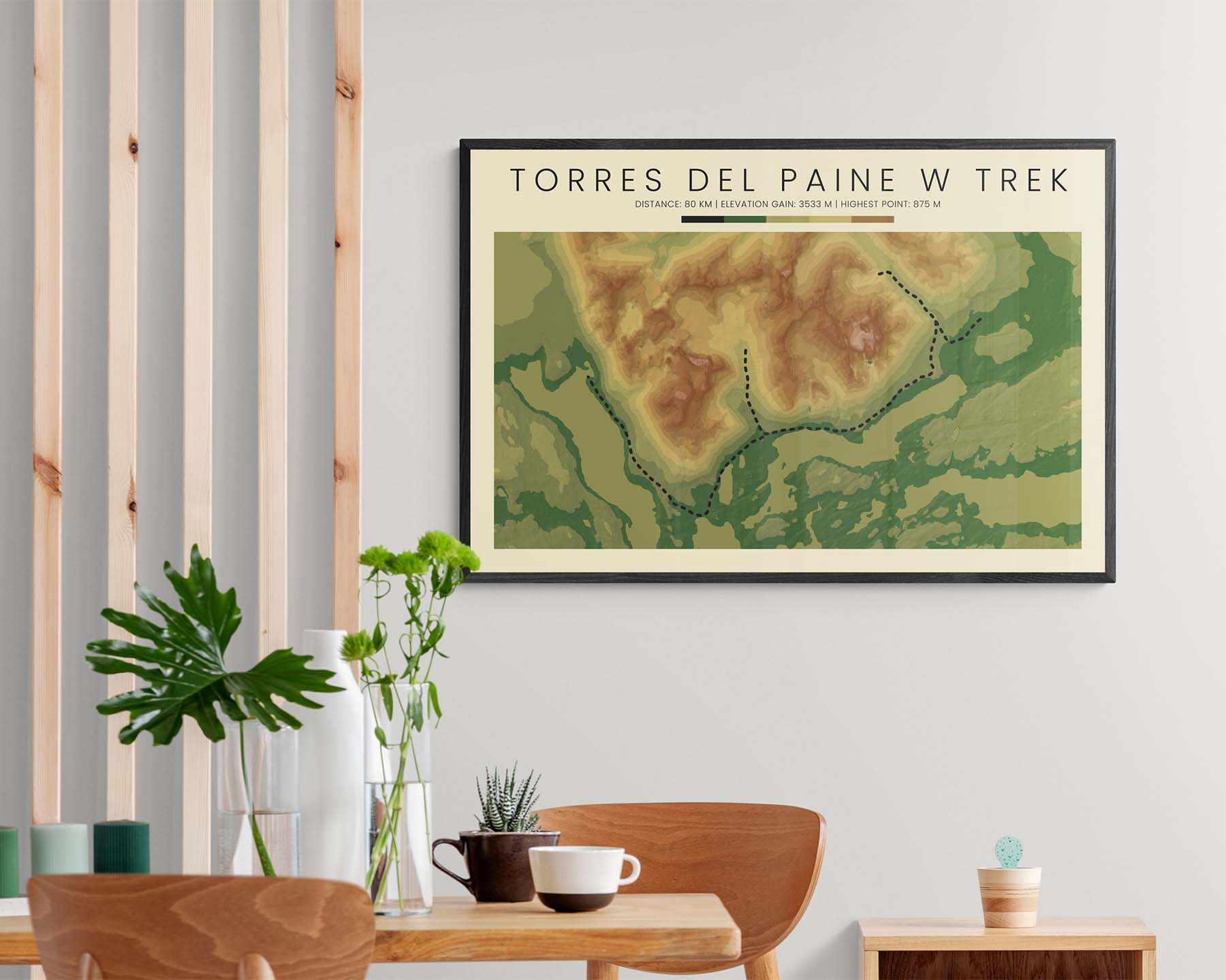 W Trek Patagonia (Andes) Route Art with Topographic Map in Modern Interior Decor