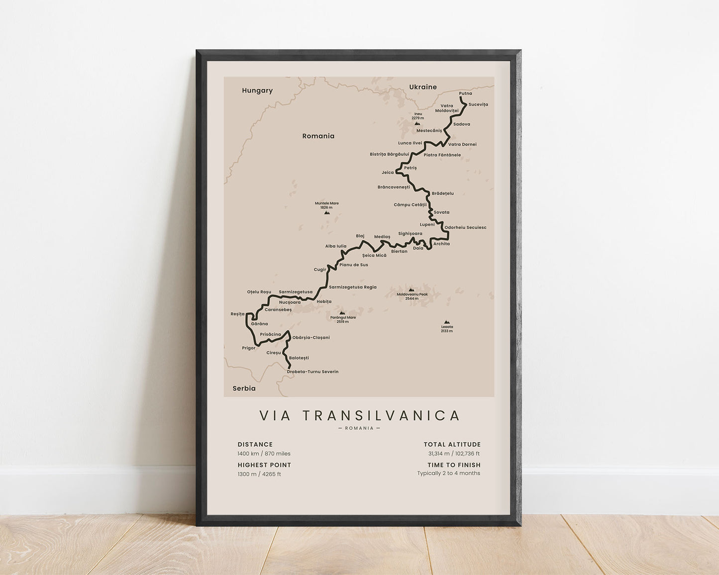 Via Transilvanica (Putna to Drobeta-Turnu Severin) Hiking Art Print with Beige Background