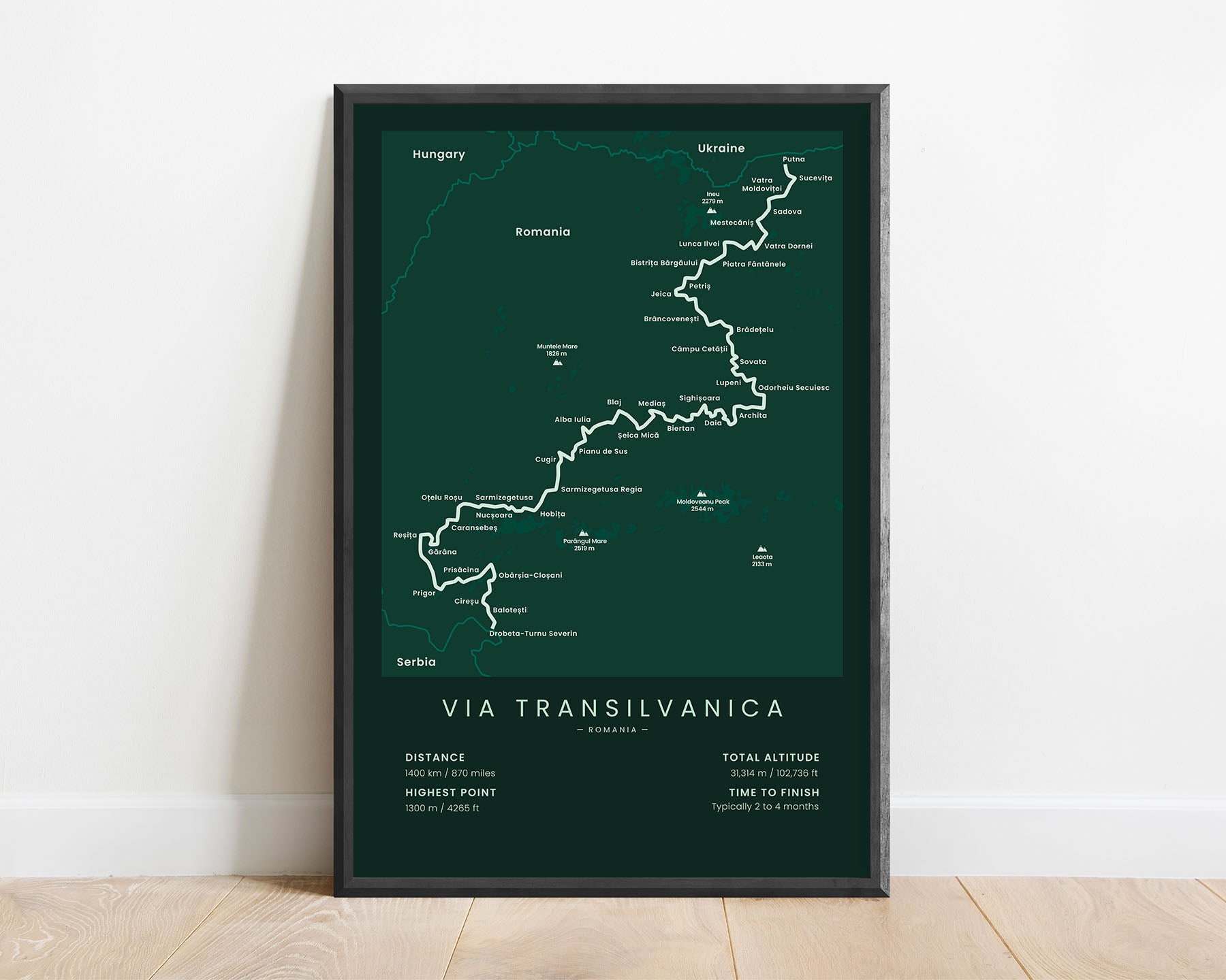 Via Transilvanica (Putna to Drobeta-Turnu Severin) Route Print with Green Background