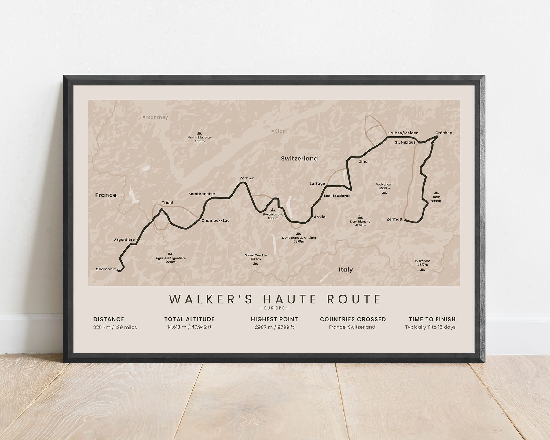 Haute Route Alps (Switzerland) trek map art with beige background