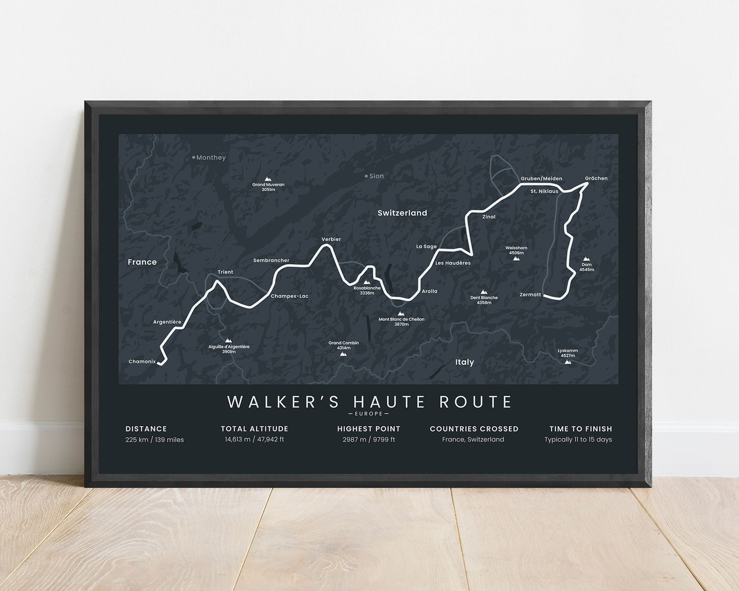 Walker's Haute Route (Europe) path wall art with black background