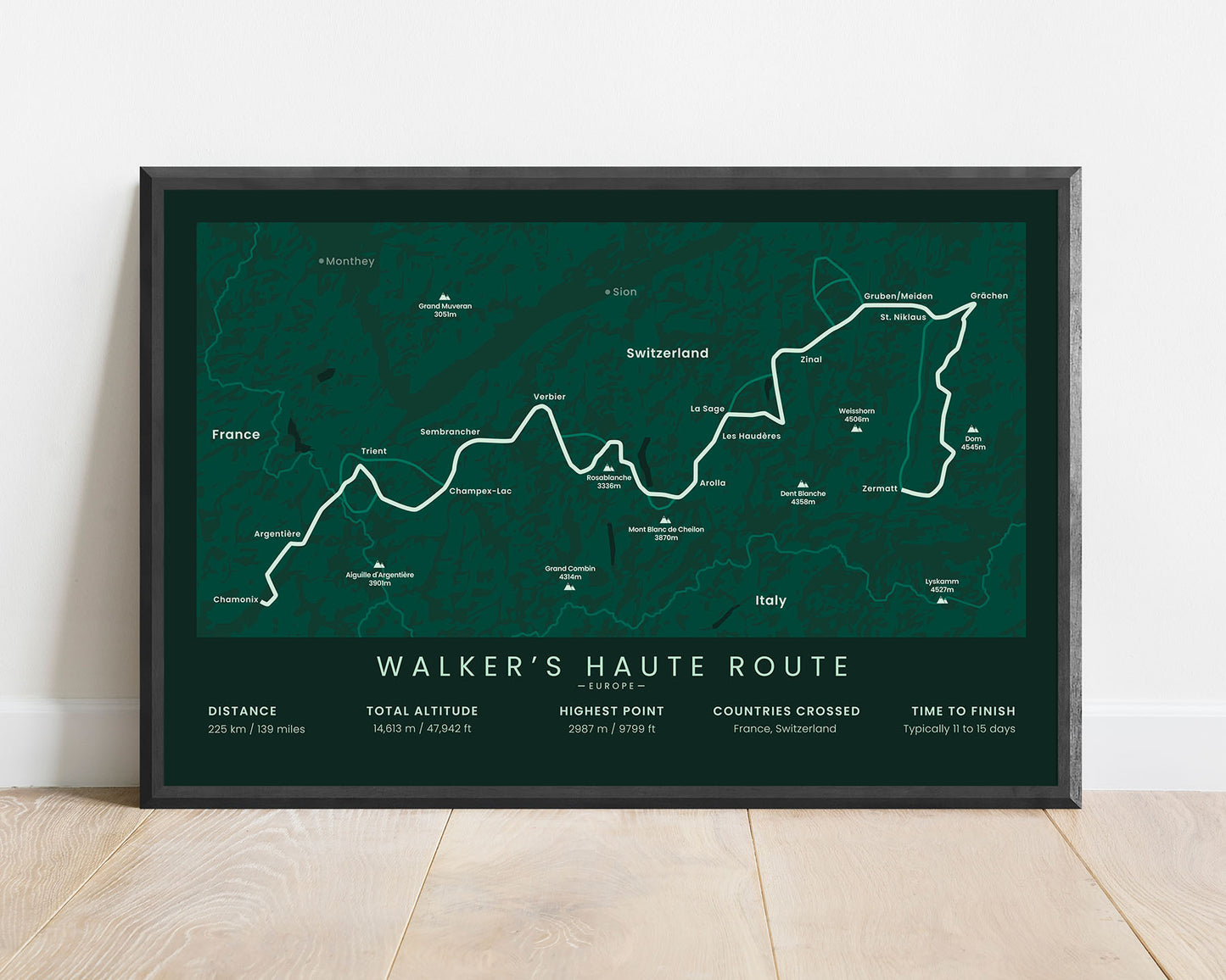 Walker's Haute Route (Mount Blanc) track wall art with green background