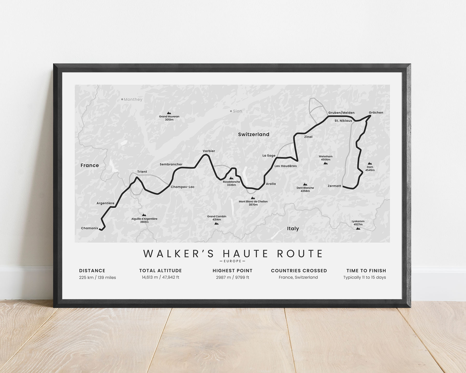 Haute Route Alps (France) hiking trail wall art with white background