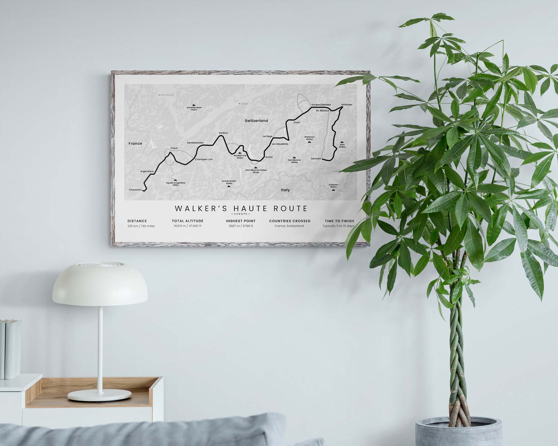 Haute Route Alps (France) route poster in minimal room decor