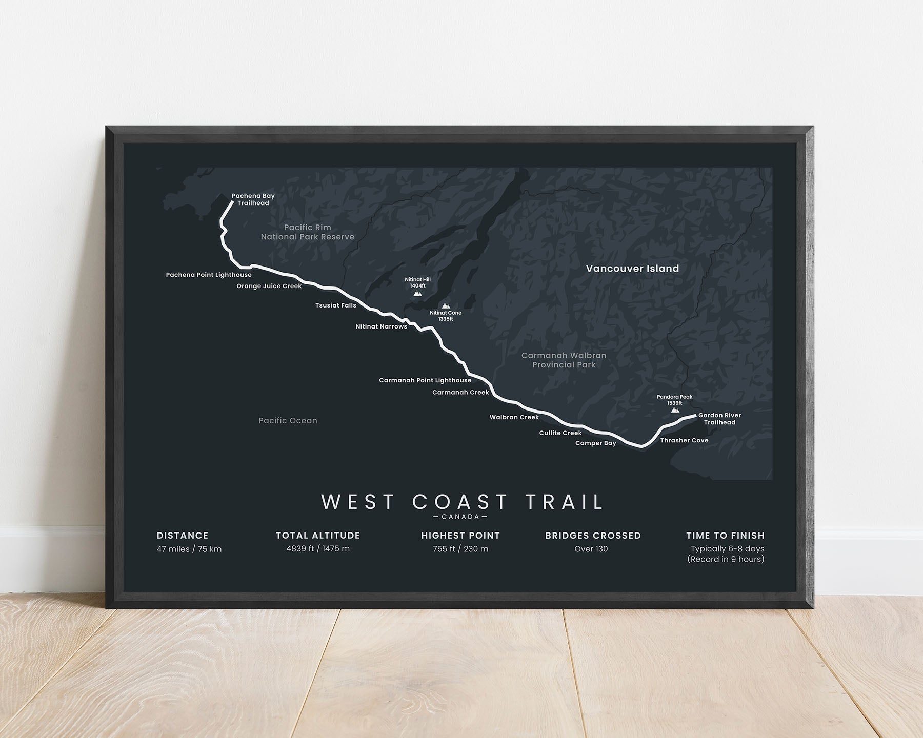 The Dominion Lifesaving Trail path wall map with black background (British Columbia)