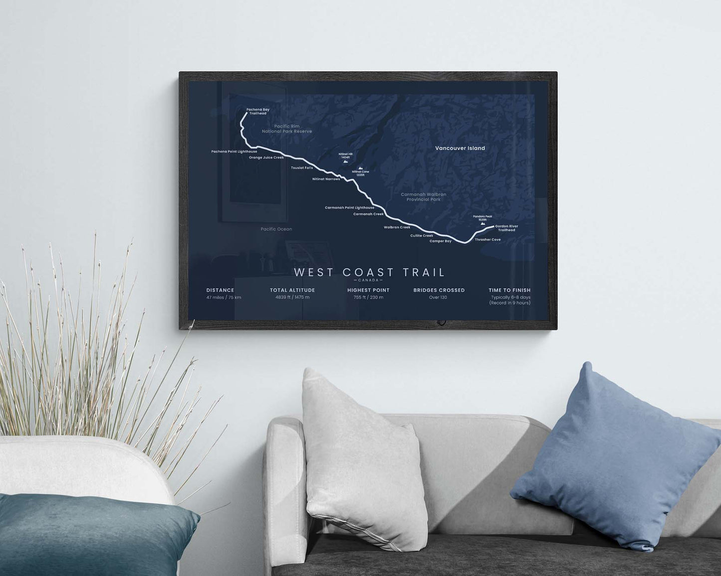 West Coast Trail trail map art in minimal room decor (Vancouver Island)