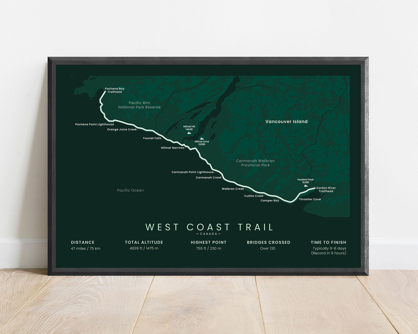 The Dominion Lifesaving Trail route wall art with green background (Canada)