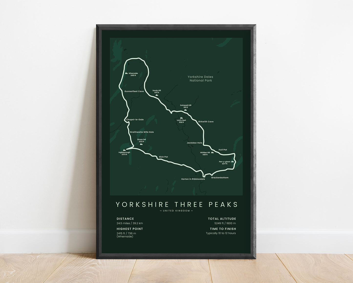 Yorkshire Three Peaks (Ingleborough) Track Map Art with Green Background