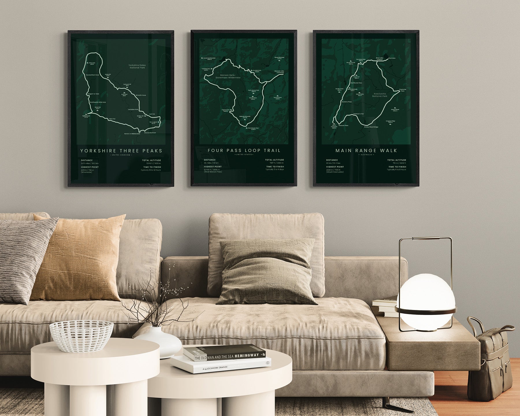 Yorkshire Three Peaks (Pennine Range) Thru-Hike Wall Map in Minimal Room Decor
